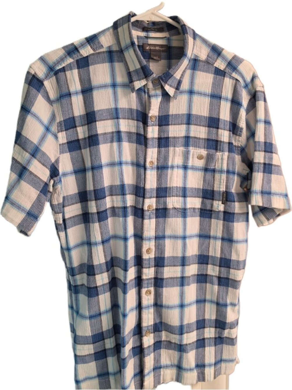 Eddie Bauer Men L Plaid Crinkle Gauze SS Shirt